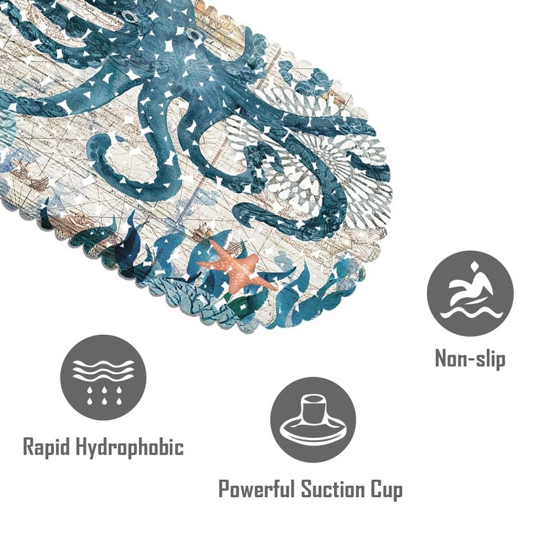 MOLFUJ Non Slip Octopus Bathtub Mat with Suction Cups, Oval Pebble Shower Mat for Baby Tub,Safety Vinyl Anti-Skid Decoration Bath Mat, Coastal Ocean Beach Nautical Themed Decor Bathroom Accessories - Image 2